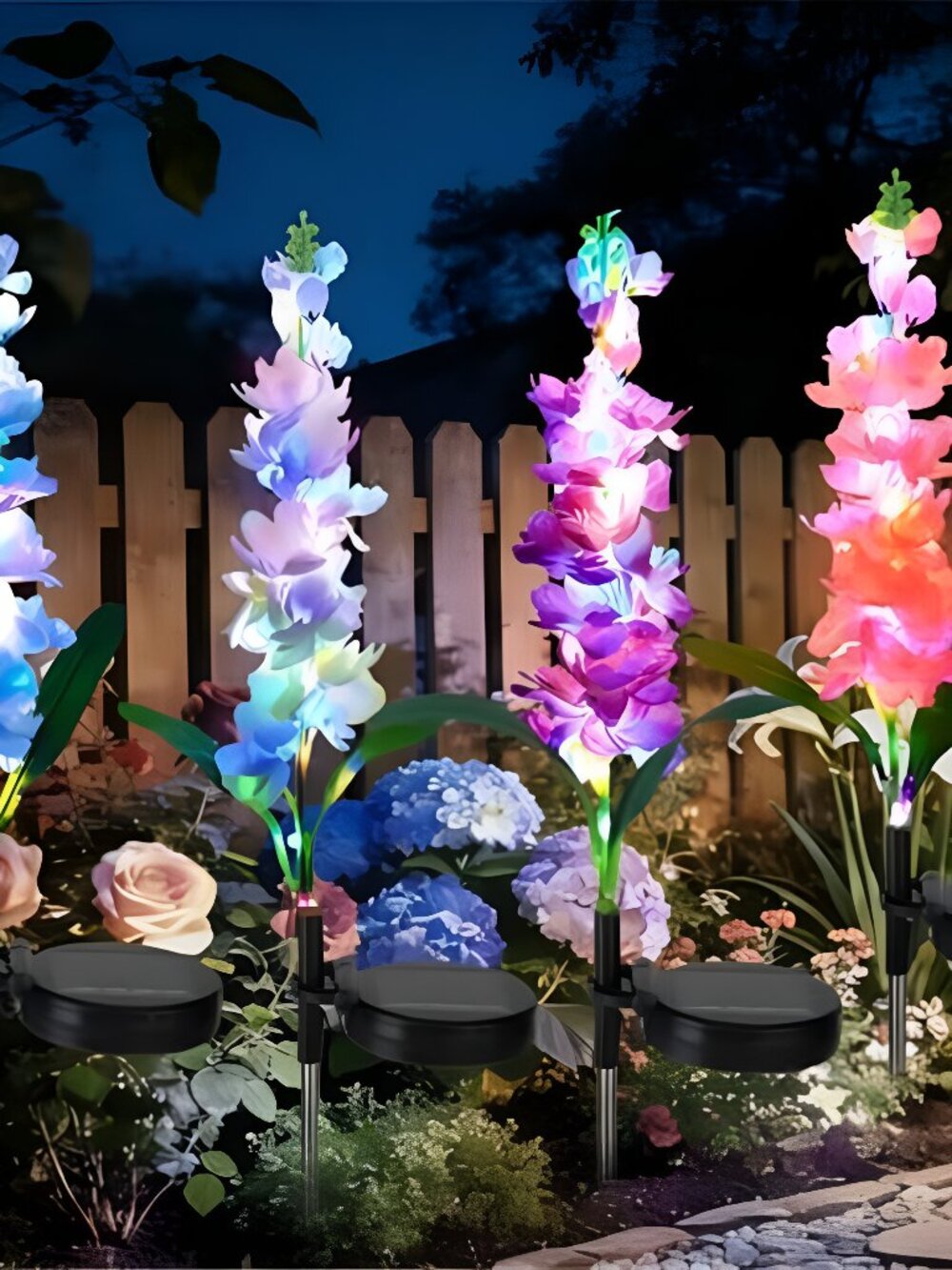 4 Pack Color Changing Solar Lights Outdoor Waterproof, Solar Delphinium Flower